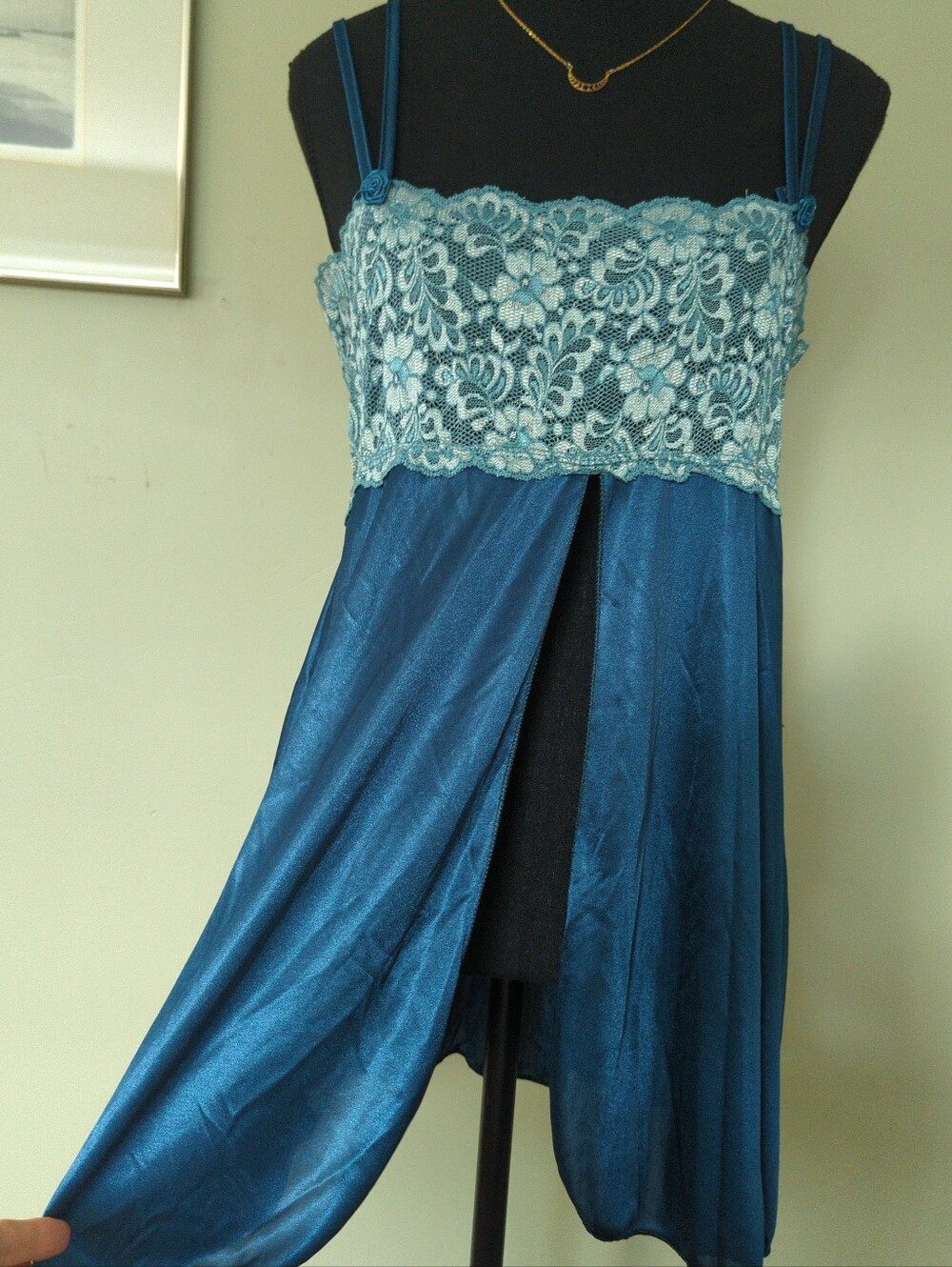 Vintage Petra Fashions Teal Lace Flyaway Babydoll Lingerie Made USA Sz L